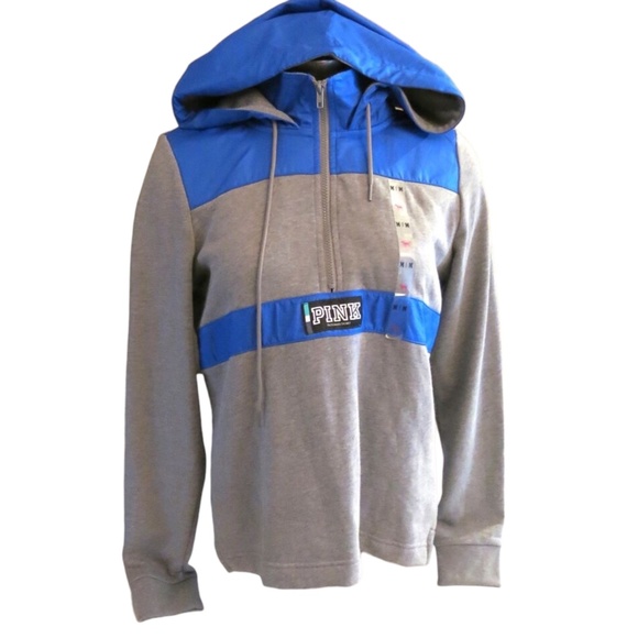 Victoria's Secret PINK Grey w/ Blue Logo Anorak Campus Pullover Hoodie M - Picture 2 of 2